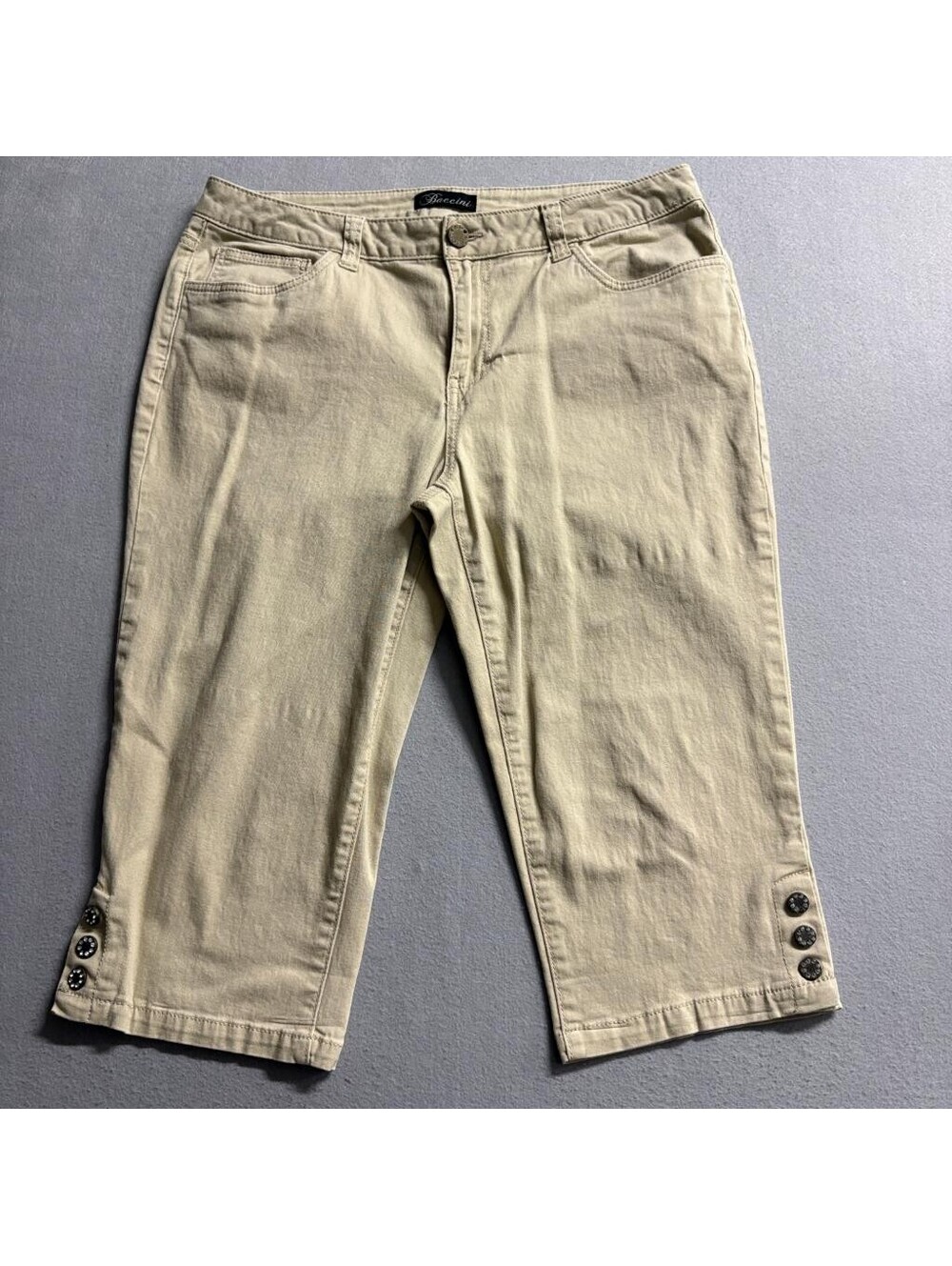 Baccini Womens Crop Pants 12P Beige Cotton Blend Rhinestone Button Capris